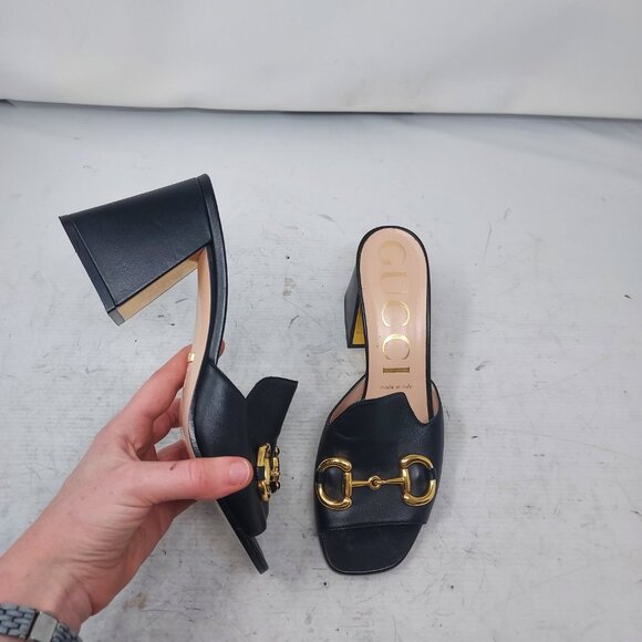 Gucci Shoes - GUCCI Black Baby Horsebit Slide Heel Sandal